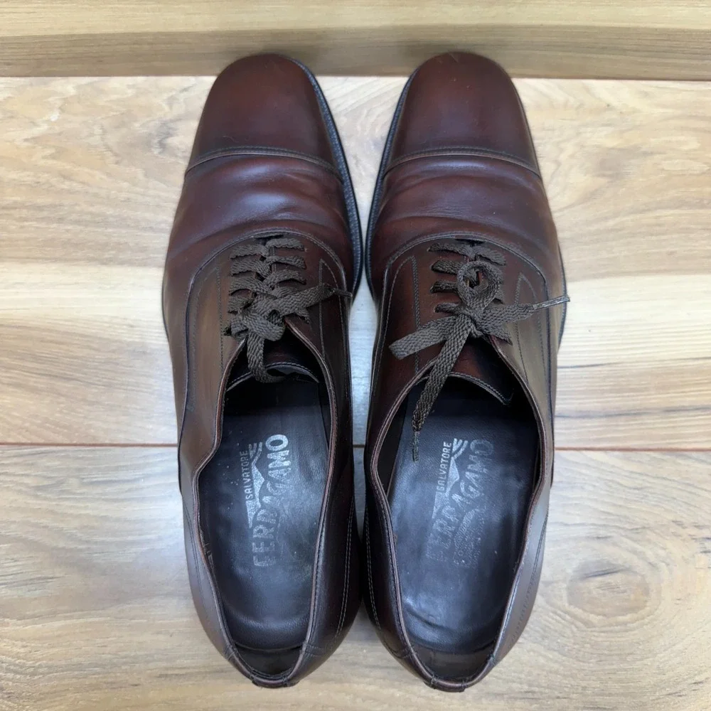 Salvatore Ferragamo‎ Mens 8 EE Brown Leather Cap Toe Dress Shoes